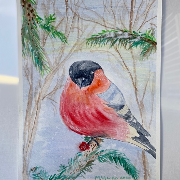 bullfinch panting Trees in winter watercolor 12x9” - Picture 2 of 10